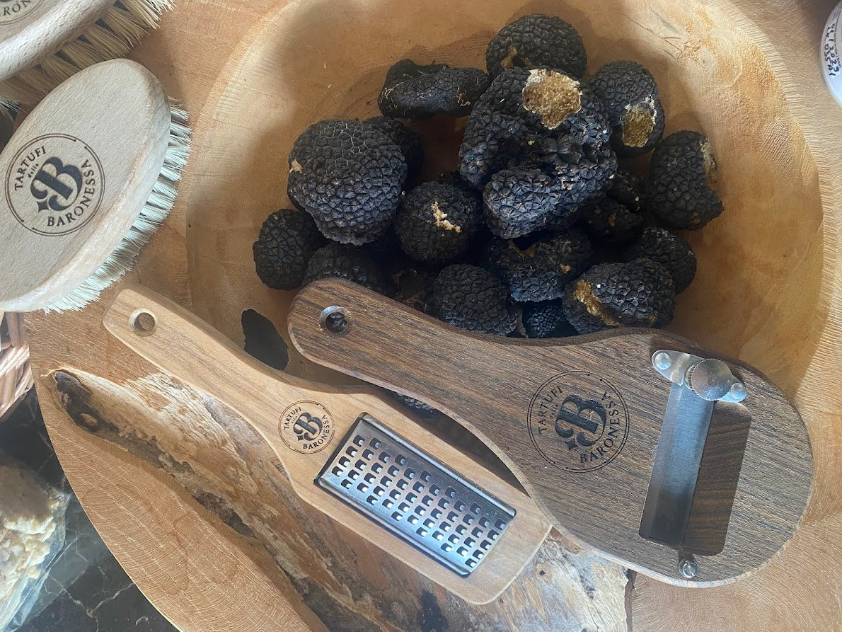 Black Truffles and Wooden Grater